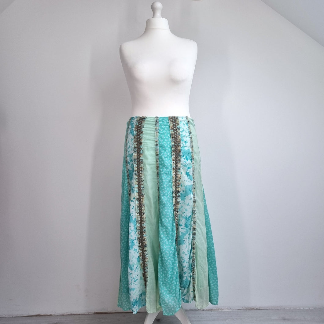 M&S Per Una Skirt Patchwork Midi 16 Turquoise Gipsy A Line Lace Up Boho Western