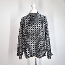 Load image into Gallery viewer, Zara Tweed Top Fringed XL Blouse Long Sleeves Boucle Black White Check Work
