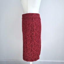 Load image into Gallery viewer, M&amp;S Lace Pencil Skirt Midi UK 16 Burgundy Limited Collection Mulberry Lined Zip
