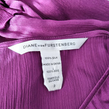 Load image into Gallery viewer, DVF 100% Silk Blouse Purple Diane Von Furstenberg Top Long Sleeves Elliman 6 8
