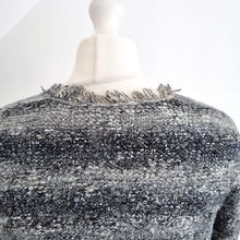 Load image into Gallery viewer, 360 Sweater Cardigan Boucle Knit Fringed Grey Black Distressed Frayed Medium
