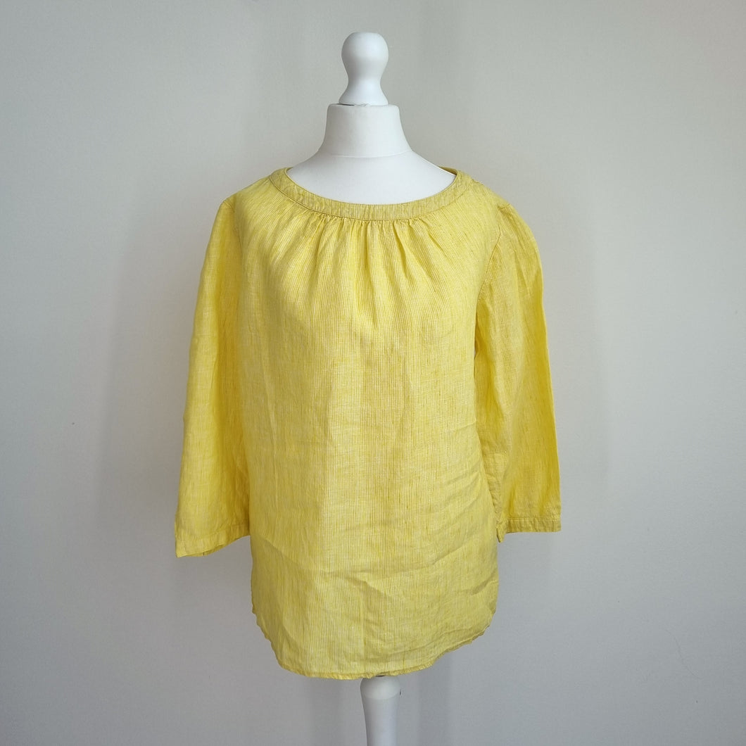 Boden Top 100% Linen Yellow UK 8 Blouse Button Down Back 3/4 Sleeves Work Casual