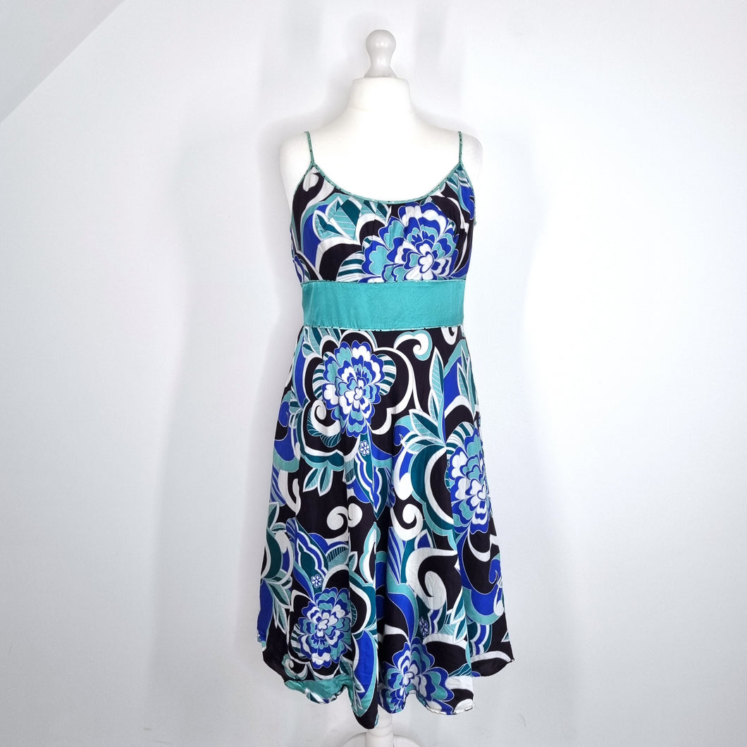 Monsoon Dress Silk Blend Occasion Cocktail Blue Strappy Lined Floral Print 18