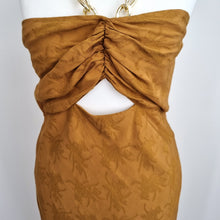 Load image into Gallery viewer, Warehouse Midi Dress Chain Straps Cutout 8 10 Tan Jacquard Party Halter Ruched
