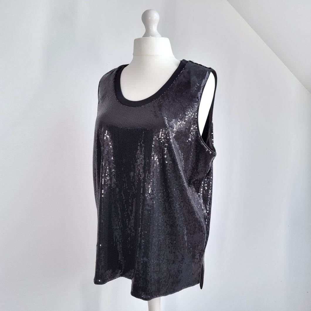 M&S Autograph Sequin Top Size 24 Vest Black Lined Sleeveless Camisole Tank Party