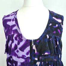 Load image into Gallery viewer, Kenneth Cole 100% Silk Top Small Tie-Dye Print Ruffles Sleeveless Zip Up Purple
