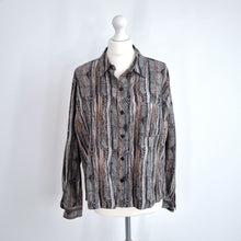 Load image into Gallery viewer, Chico&#39;s Blouse Silk Linen Blend Shirt Brown Black Pattern Long Sleeves 2 Medium
