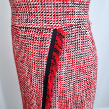 Load image into Gallery viewer, M&amp;S Tweed Midi Skirt UK 14 Red Fringed Pencil Boucle Lined Wrap Office Smart
