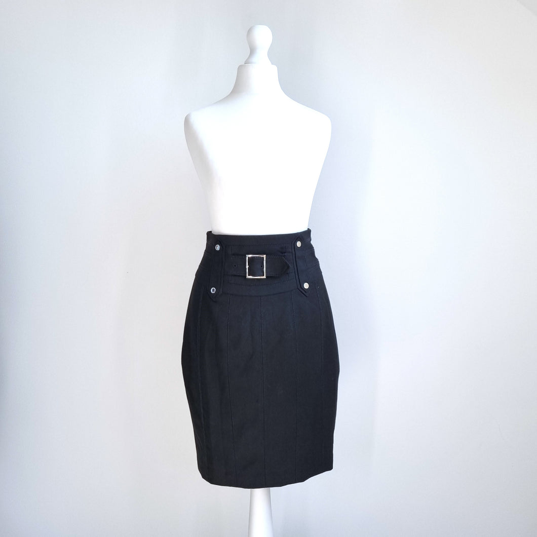 Karen Millen Pencil Skirt Black Belt Buckle High Rise Knee Length Work Y2K 8