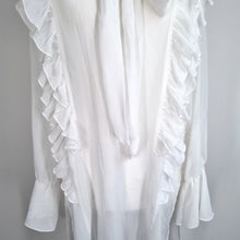 Load image into Gallery viewer, Zara Lavaliere White Blouse XS Sheer Oversized Bow Tunic Chiffon Steampunk
