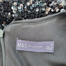 Load image into Gallery viewer, M&amp;S Sequin Midi Dress Size 18 Black Wiggle Lined Ruched Sleeveless Xmas Party
