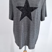 Load image into Gallery viewer, Hush Sparkly T-shirt Star Print Silver Grey Top Shoulder Pads Party Medium
