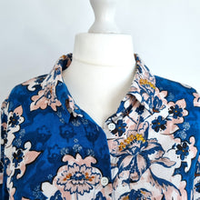 Load image into Gallery viewer, Monsoon Linen Blend Blouse Floral Print Shirt Blue Bright Boxy Long Sleeves XL
