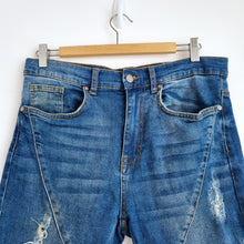 Load image into Gallery viewer, Zara Biker Jeans Distressed Skinny Zips Mid Blue Slim Ripped High Rise 40 UK 12
