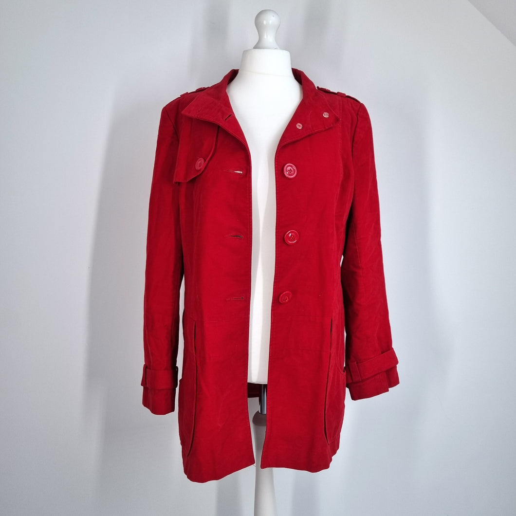 Long Tall Sally Coat Red UK 18 Pea Jacket Lined Cotton Pockets High Neck Winter