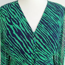 Load image into Gallery viewer, Boden Midi Dress Animal Print Green Navy Button Down Long Sleeves Tie Lined 16
