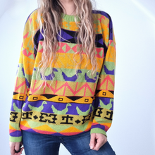 Load image into Gallery viewer, Jumper Multicoloured Bright Birds Aztec Funky Chunky Knit Wool Blend Large
