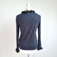 Load image into Gallery viewer, East Flower Trim Cardigan Top Medium Navy Black Long Sleeve Stretch Jersey
