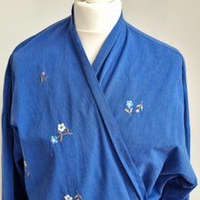 Load image into Gallery viewer, Vintage St Michael Robe Dressing Gown Blue Embroidered Cotton Wrap Kimono 10 12
