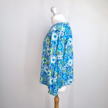 Load image into Gallery viewer, Anorak Retro Floral Blouse UK 16 Button Front Turquoise Blue Peasant Top Viscose
