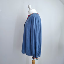 Load image into Gallery viewer, Boden Blouse Embroidered Rainbow Trim UK 16 Blue Top Buttons Cotton Long Sleeve
