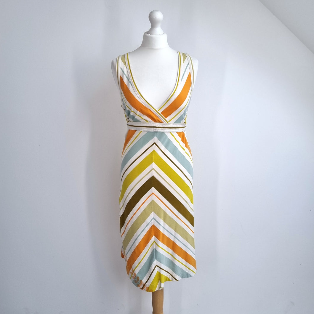 Orla Kiely Dress Jersey Chevron Stripes 100% Cotton A Line Low V Neck Retro 10