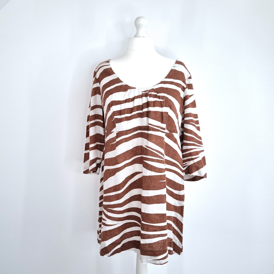 Boden Dress 100% Linen Short Shift Tunic Animal Print Brown Casual Lined 16