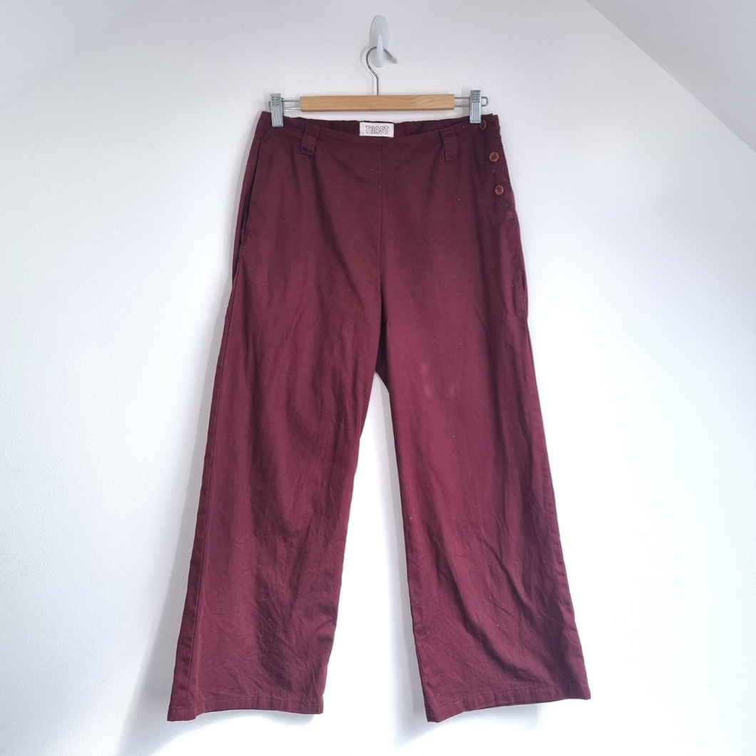 Toast Trousers Burgundy Wide Leg 10 Crop High Rise Cotton Marked Side Buttons