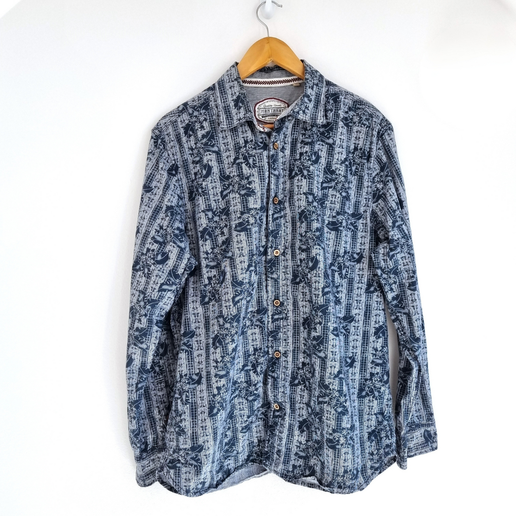 Mantaray Men's Shirt Floral Striped Print Blue 100% Cotton Long Sleeves Medium