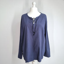 Load image into Gallery viewer, Lace Up Smock Blouse XXL Peasant Artisan Cotton Linen Navy Blue Tunic Workwear
