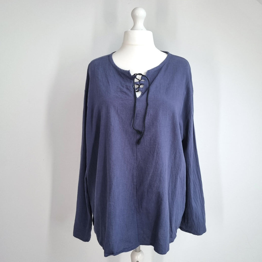 Lace Up Smock Blouse XXL Peasant Artisan Cotton Linen Navy Blue Tunic Workwear