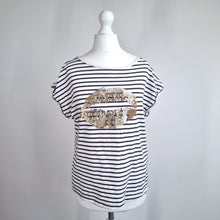 Load image into Gallery viewer, Mint Velvet Striped Top Sequin Lips Small T-Shirt White Gold 100% Cotton Breton
