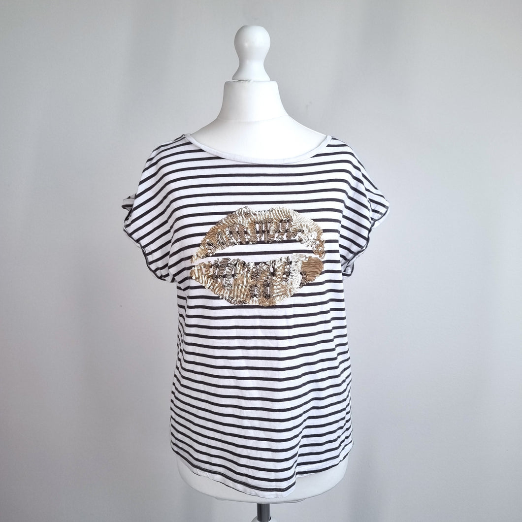 Mint Velvet Striped Top Sequin Lips Small T-Shirt White Gold 100% Cotton Breton