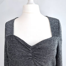 Load image into Gallery viewer, Hush Lurex Top Sparkly Silver Blouse Sweetheart Ruched Stretch Long Sleeves XL
