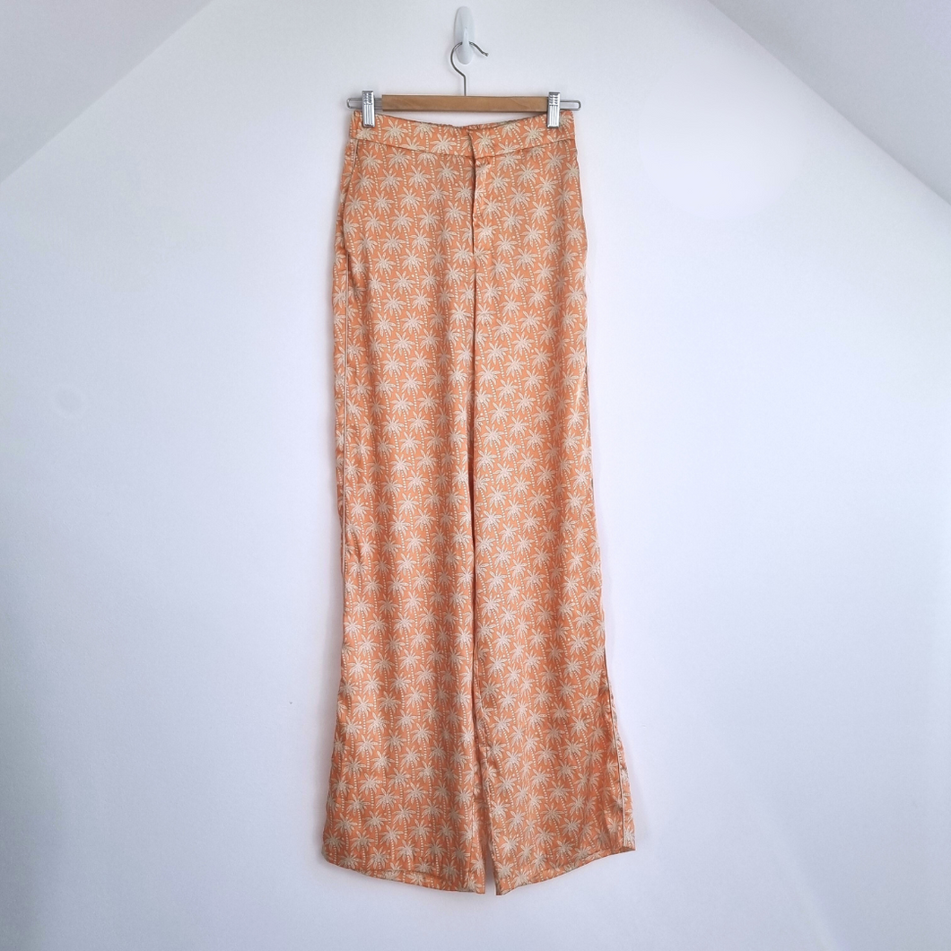 Zara Satin Trousers Wide Leg XS Palm Tree Print Pyjama Stripe Peach High Waist