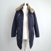 Load image into Gallery viewer, V by Very Parka Coat UK 18 Navy Blue Faux Fur Trim Jacket Winter Padded Pockets
