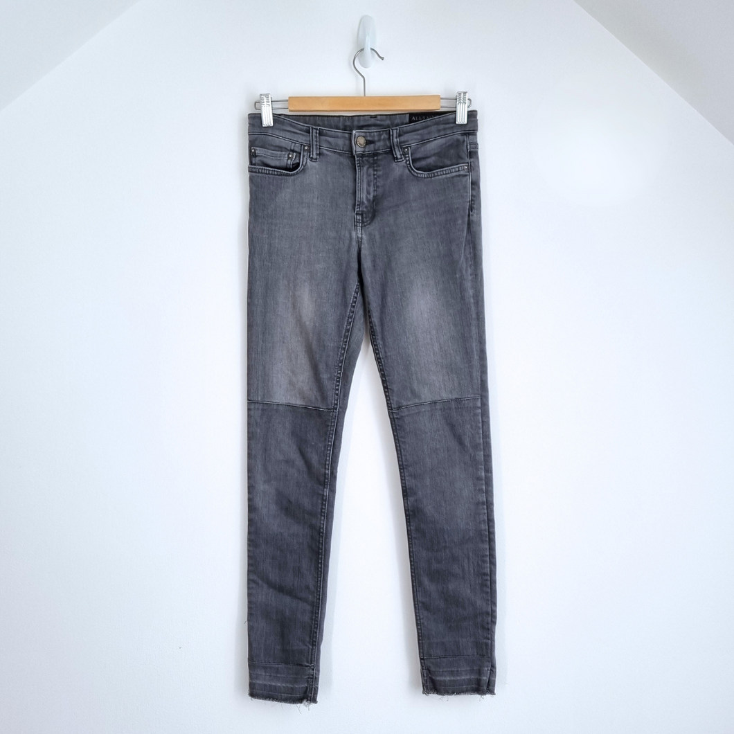 AllSaints Jeans Mast Fit W 28 Skinny Grey Panel Raw Hem Stretch Low Rise Grunge