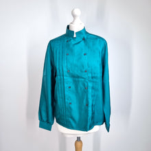Load image into Gallery viewer, Vintage St Michael Shirt 80s Teal Pintuck Mandarin Collar Blouse 10 12 14 M&amp;S
