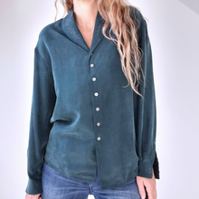 Load image into Gallery viewer, Vintage Monsoon Blouse 100% Silk Dark Green Embroidered Long Sleeves Boho Medium
