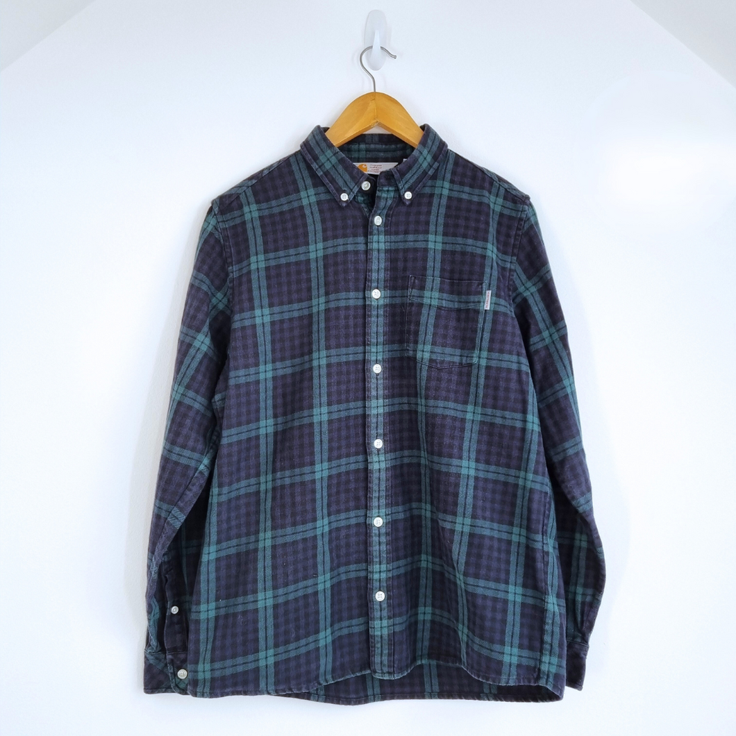 Carhartt Men's Check Shirt Bell Plaid Thick 100% Cotton Navy Long Sleeves Medium