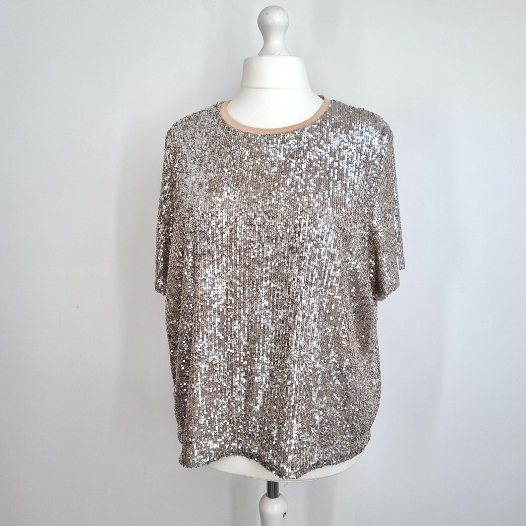 M&S Sequin Top Blouse Size 20 Silver Nude Lined T-Shirt Christmas Party Sparkly