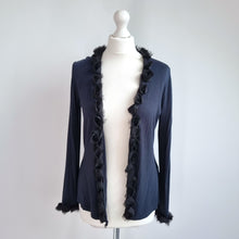 Load image into Gallery viewer, East Flower Trim Cardigan Top Medium Navy Black Long Sleeve Stretch Jersey

