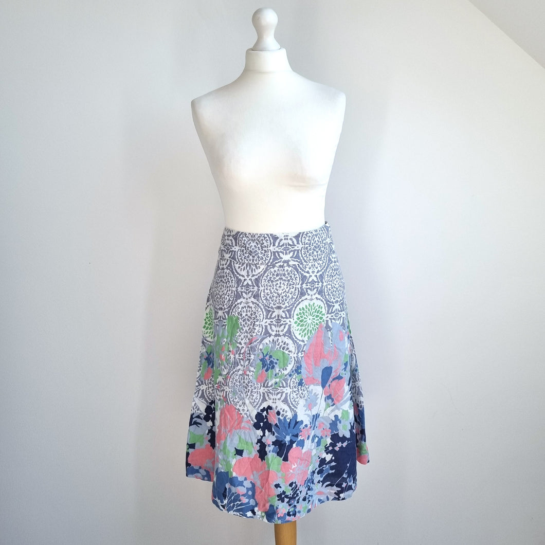 White Stuff Reversible Skirt A Line Blue Floral Print 100% Cotton Lined Flare 12