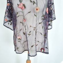 Load image into Gallery viewer, Lucky Brand Blouse Embroidered Sheer Mesh Black Floral Short Sleeves Top Large
