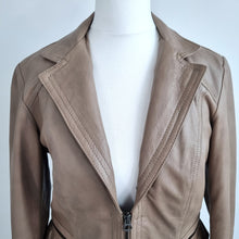 Load image into Gallery viewer, Antros Real Leather Jacket Vintage Ruffle Peplum Taupe Zip Pocket Biker 8 Small
