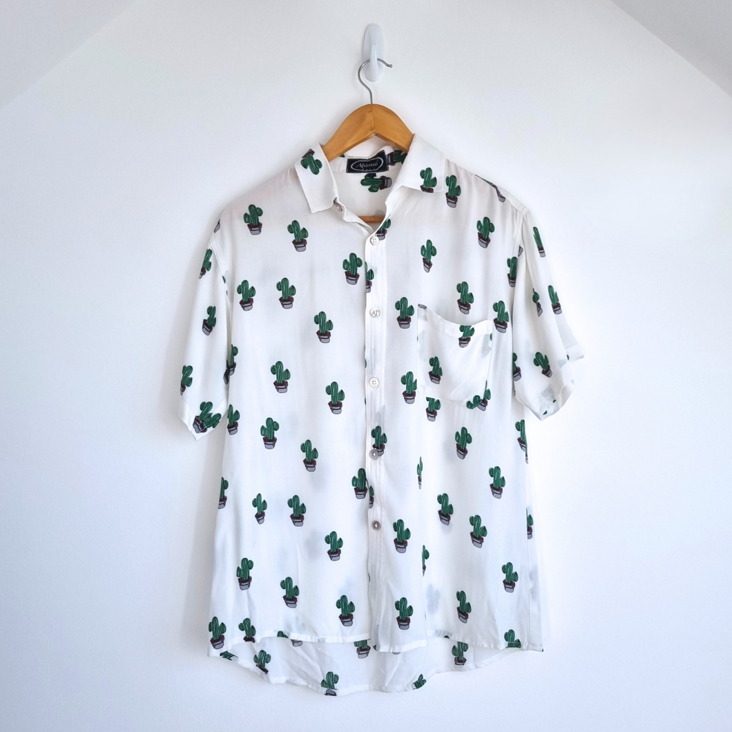 Ahimsa Bali Shirt Cactus Print Men's White Short Sleeves Casual Festival Large