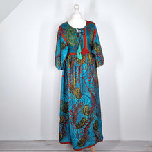 Load image into Gallery viewer, All About Audrey Dress Recycled Saree Maxi Blue Paisley Kaftan Vintage India M L
