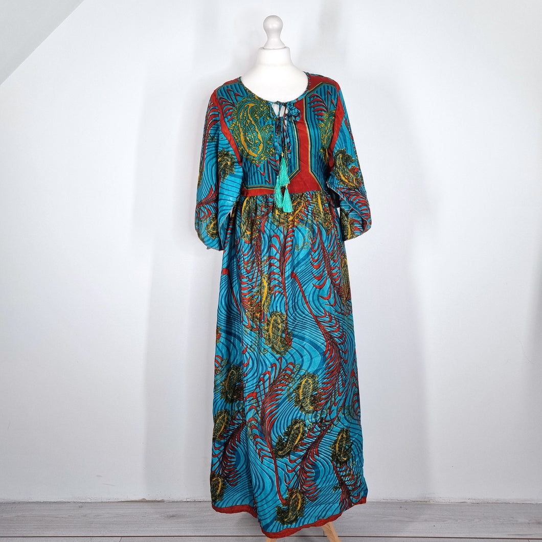 All About Audrey Dress Recycled Saree Maxi Blue Paisley Kaftan Vintage India M L