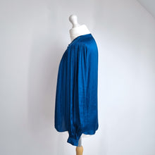 Load image into Gallery viewer, Jigsaw Blouse Satin Peasant Teal Blue Top Long Sleeves Boho Work Smock Size 14
