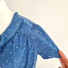 Load image into Gallery viewer, MiH 100% Silk Top Cropped Blouse Blue Star Print Button Down Frill Ruffle Medium
